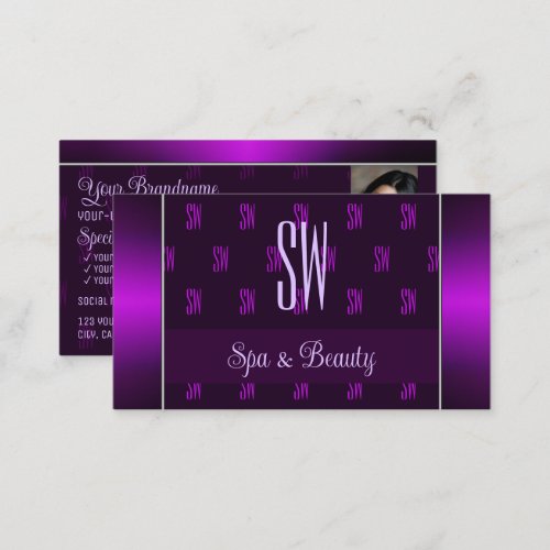 Modern Purple with Photo and Chic Monogram Pattern Business Card