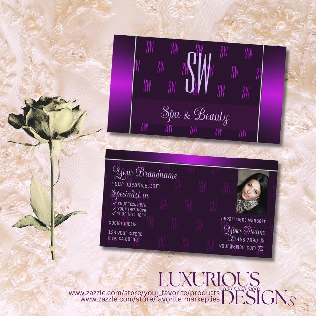 Modern Purple with Photo and Chic Monogram Pattern Business Card (Creator Uploaded)