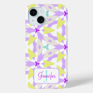 Modern Purple Yellow and Mint Monogram Geometric iPhone 15 Case