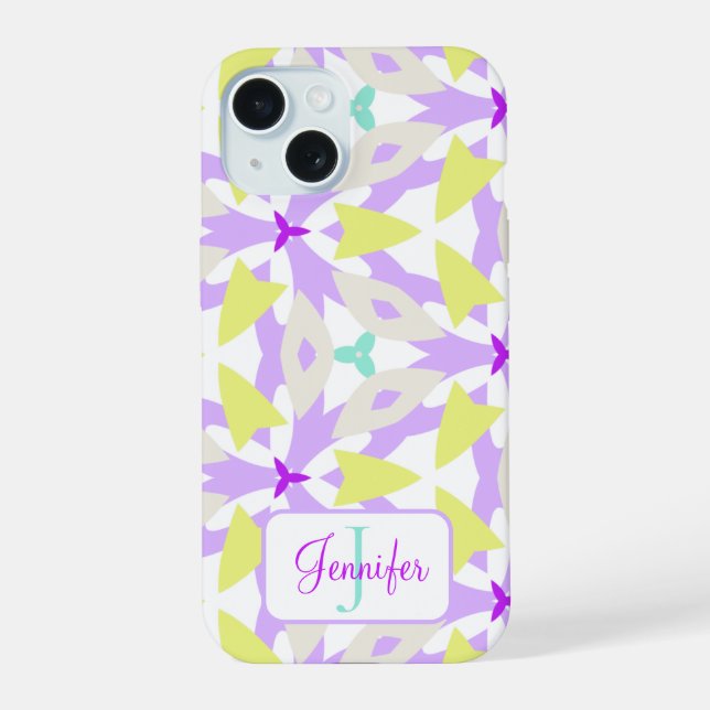 Modern Purple Yellow and Mint Monogram Geometric Iphone Case (Back)