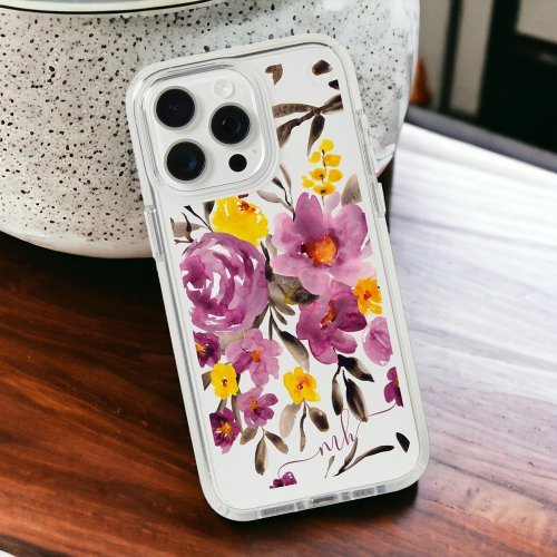 Modern purple yellow floral watercolor monogram iPhone 15 pro max case