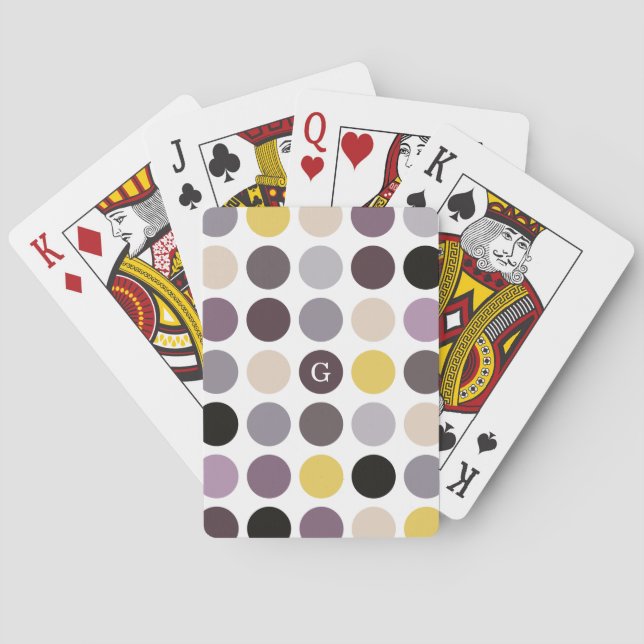 Modern purple yellow polka dots pattern monogram poker cards (Back)