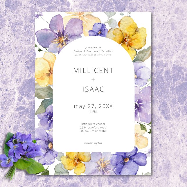 Modern Purple & Yellow Violets Floral Wedding Invitation (Modern Purple & Yellow Violets Floral Wedding Invitation)