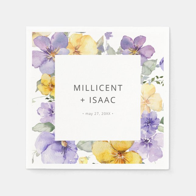 Modern Purple & Yellow Violets Floral Wedding Napkins (Front)