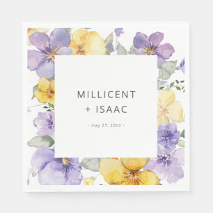 Modern Purple & Yellow Violets Floral Wedding Napkins