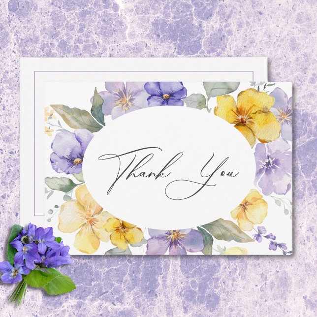 Modern Purple & Yellow Violets Floral Wedding Thank You Card (Modern Purple & Yellow Violets Floral Wedding Thank You Card)