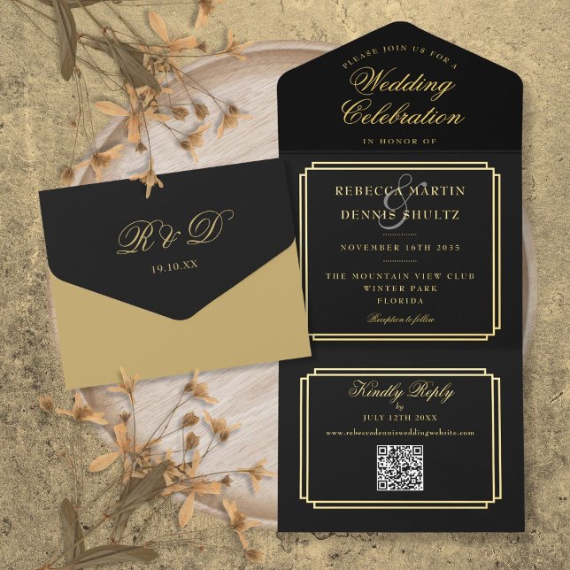 Modern QR Code Art Deco Monogram Wedding Foil All In One Invitation (Modern QR Code Art Deco Monogram Wedding Foil All In One Invitation)