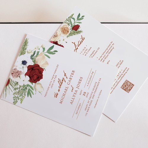 Modern QR Code Beige and Red Floral Budget Wedding Invitation