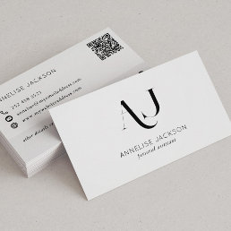 Modern QR CODE black and white monogrammed Business Card