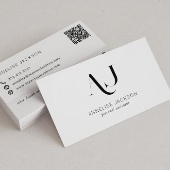 Modern Qr Code Black And White Monogrammed Business Card by uniqueoffice at Zazzle