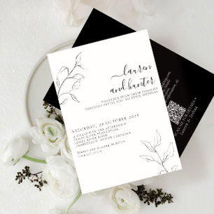 Modern QR Code Black White Botanical Wedding Invitation