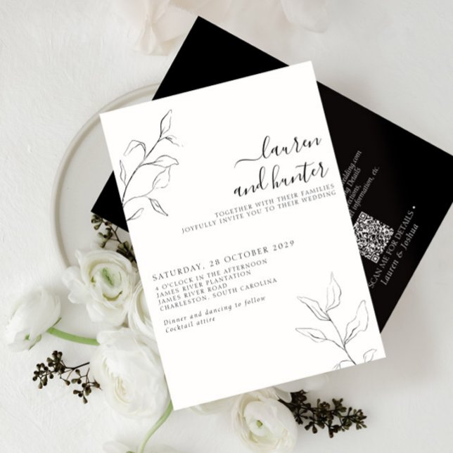 Modern QR Code Black White Botanical Wedding Invitation (Creator Uploaded)