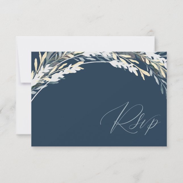 Modern QR Code Blue & Silver Foliage RSVP Wedding (Front)