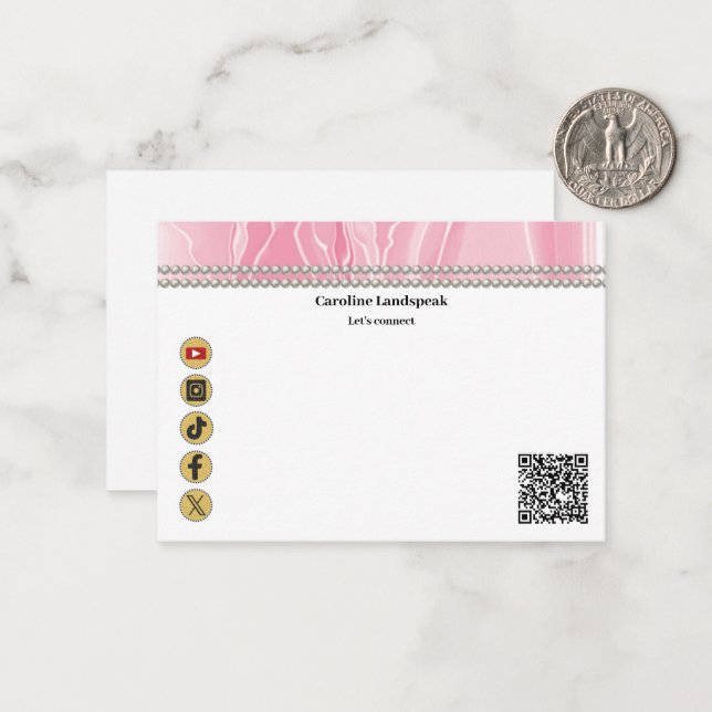 Modern QR Code Blush Pink Silk Pearls Social Media Note Card (Front/Back In Situ)