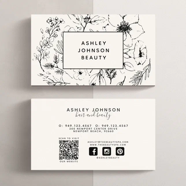 Modern QR Code Botanical Blush Black Social Media Business Card | Zazzle