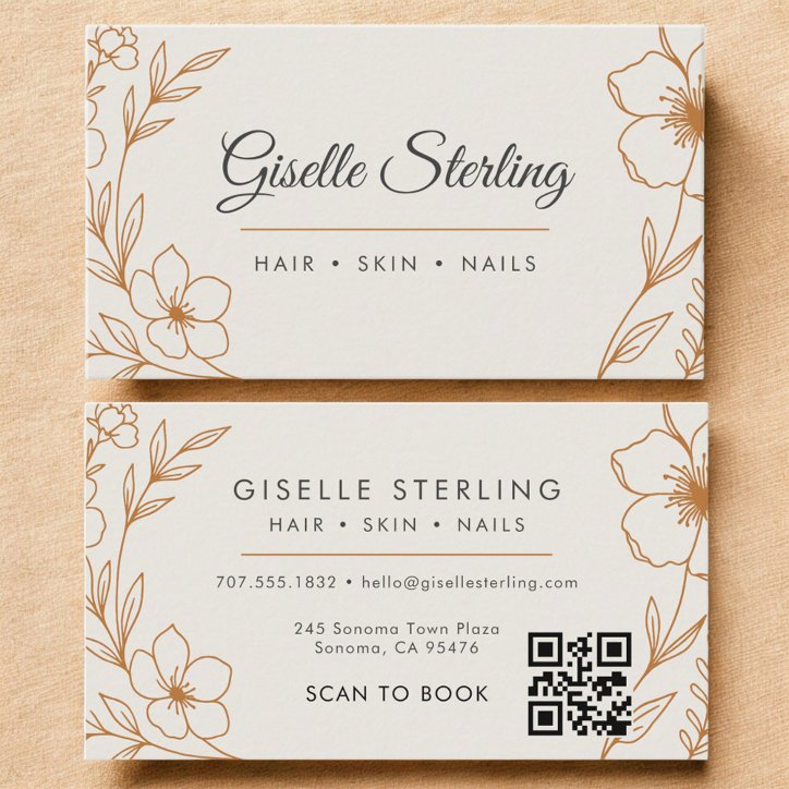 Modern QR Code Botanical Floral Copper Taupe Business Card