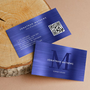 Modern QR Code Brushed Metallic Blue Monogram Business Card