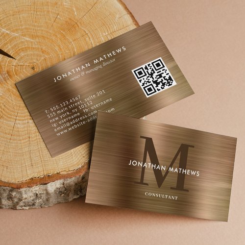 Modern QR Code Brushed Metallic Gold Monogram Business Card