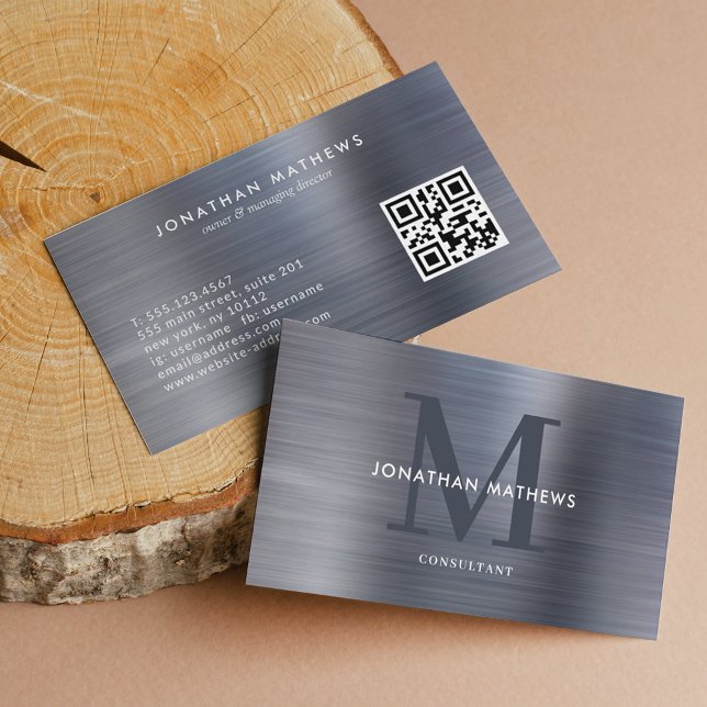 Modern QR Code Brushed Metallic Gray Monogram Business Card (Creator Uploaded)