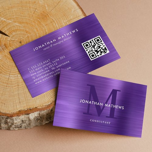 Modern QR Code Brushed Metallic Purple Monogram Business Card