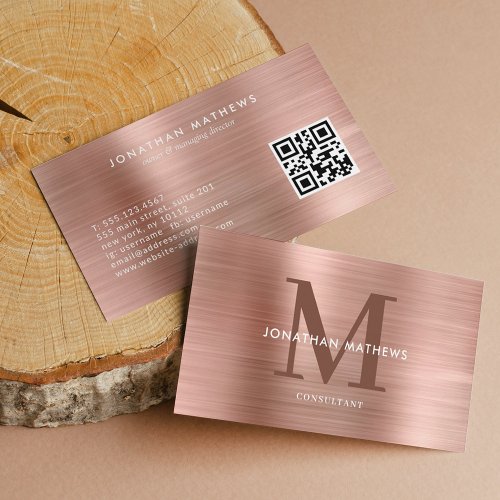 Modern QR Code Brushed Metallic Rose Gold Monogram Business Card
