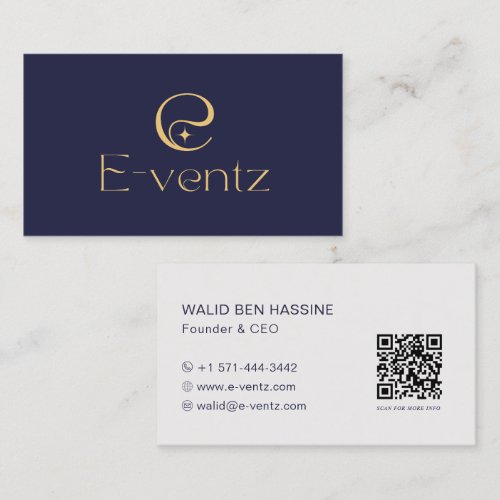 Modern QR Code & Business Logo l Navy Blue & Gold Card