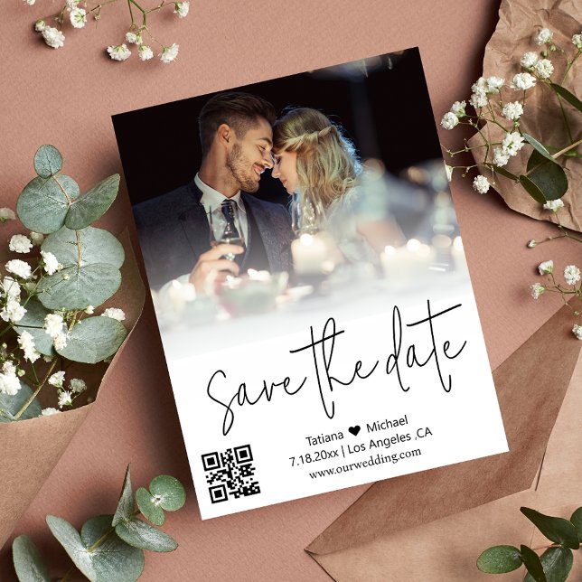  Modern QR Code Calligraphy Couple Photo Save the  Announcement Postcard (Creator Uploaded)