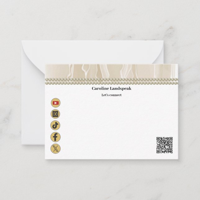 Modern QR Code Champagne Silk Pearls Social Media Note Card (Front)