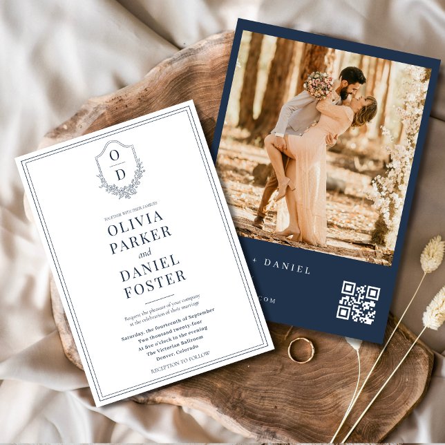 Modern QR Code Crest Navy Blue Photo Wedding Invitation (Creator Uploaded)