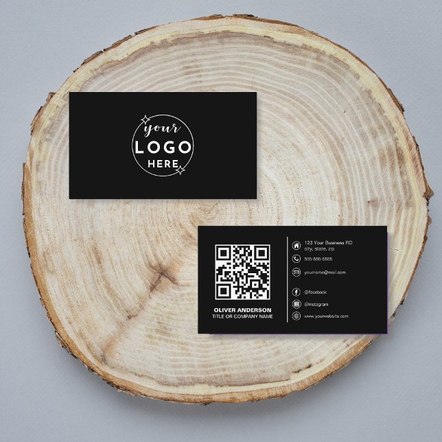 Modern QR Code Custom Logo Social Media Black Business Card (Creator Uploaded)
