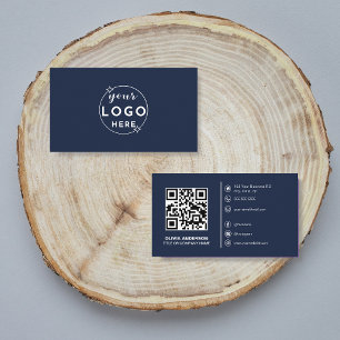 Modern QR Code Custom Logo Social Media Navy Blue Business Card