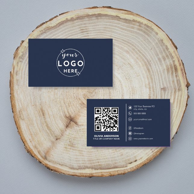 Modern QR Code Custom Logo Social Media Navy Blue Business Card (Creator Uploaded)