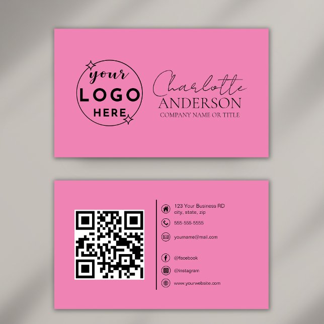 Modern QR Code Custom Logo Social Media Pink Business Card (Creator Uploaded)