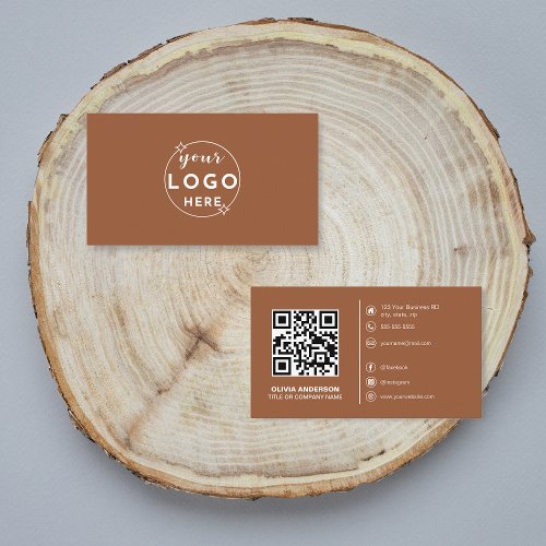 Modern QR Code Custom Logo Social Media Terracotta Business Card