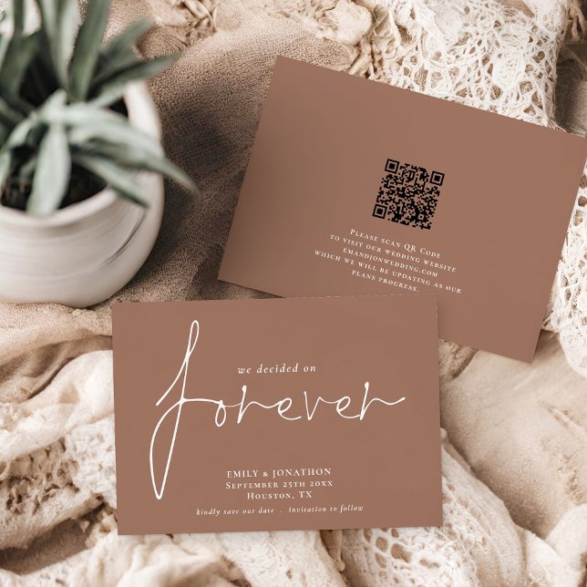 Modern QR Code Decided on Forever Soft Brown Save The Date (Front and back view)