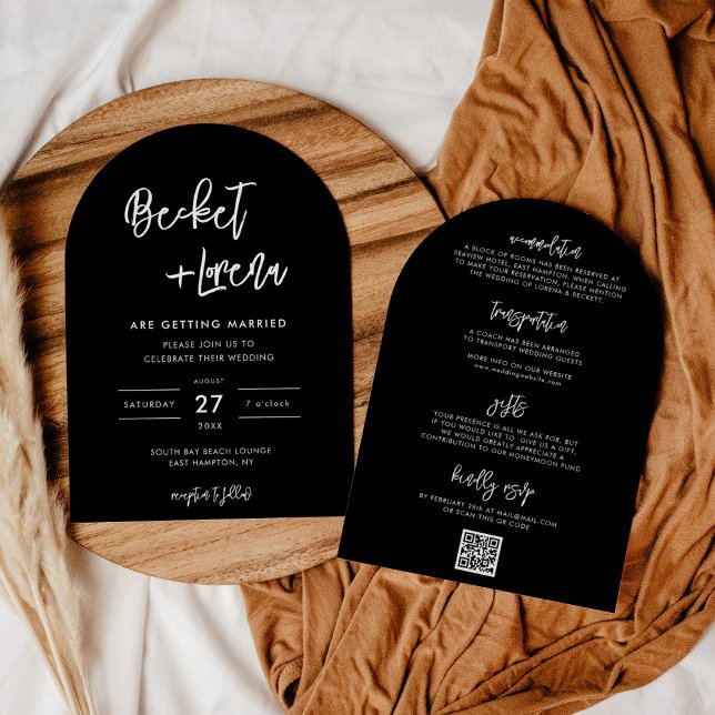 Modern QR code & details Black Arch Wedding Invitation (Creator Uploaded)