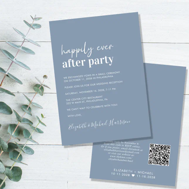 Modern QR Code Dusty Blue Wedding Reception Invitation | Zazzle