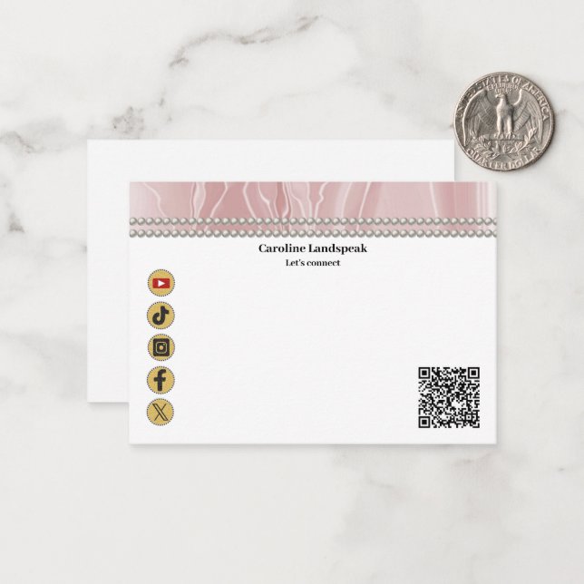 Modern QR Code Dusty Rose Silk Pearls Social Media Note Card (Front/Back In Situ)