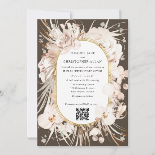 Modern QR code elegant beige floral wedding  Invitation