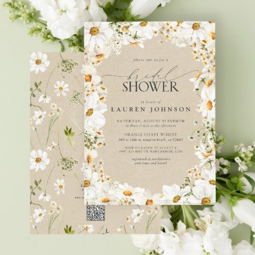 Modern QR Code Elegant Daisy Rustic Bridal Shower Invitation