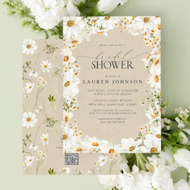 Modern QR Code Elegant Daisy Rustic Bridal Shower Invitation (QR Code Bridal Shower Invitation)