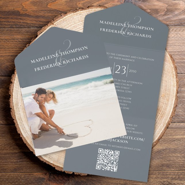 Modern QR Code Elegant Grey RSVP Online Classic All In One Invitation (Simple elegant grey wedding invitation all in one style with photo template. )
