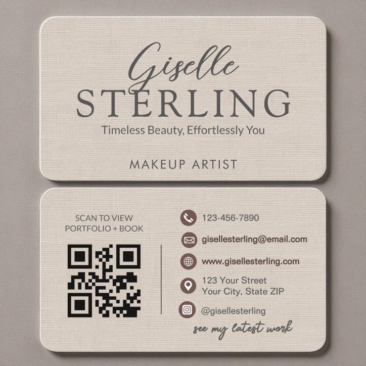Modern QR Code Elegant Linen Script Business Card