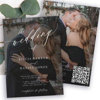Modern Qr Code Elegant Script 2 Photos Wedding Invitation by invitations_kits at Zazzle