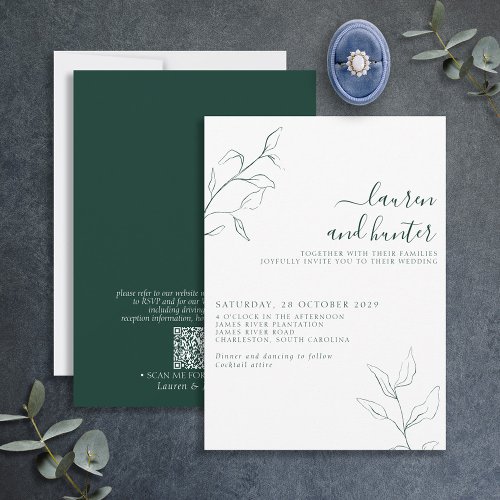 Modern QR Code Emerald Green Botanical Wedding Invitation