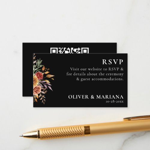 Modern QR Code Fall Foliage Floral Black Wedding Enclosure Card