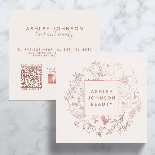 Modern QR Code Feminine Girly Blush Pink Botanical Square Business Card