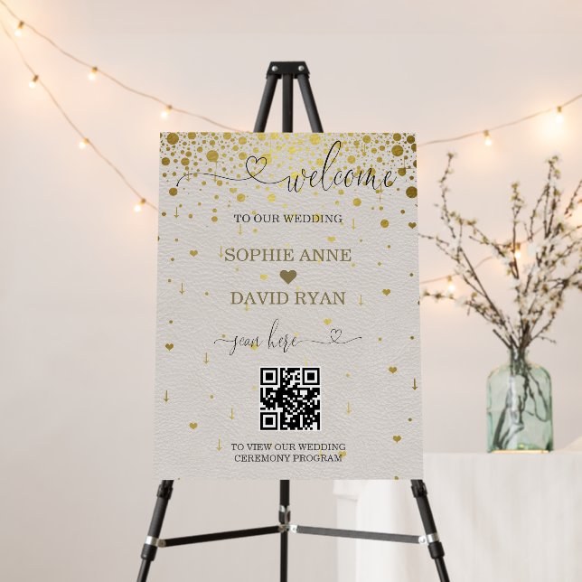 Modern QR Code Gold Confetti Wedding Welcome Sign (In Situ (Stand))