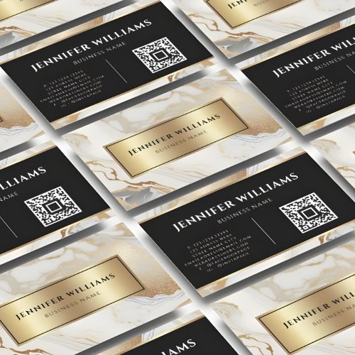 Modern QR Code Gold White Marble Elegant Business Card