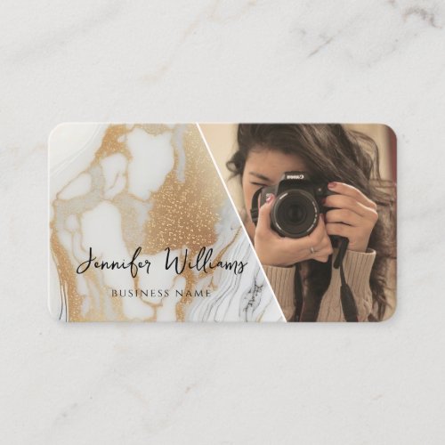 Modern QR Code Gold White Marble Photographer Business Card